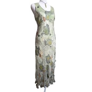 Vintage Simply Silk Green Botanical Tiered Ruffle Hem Forest Fairy Midi Dress M